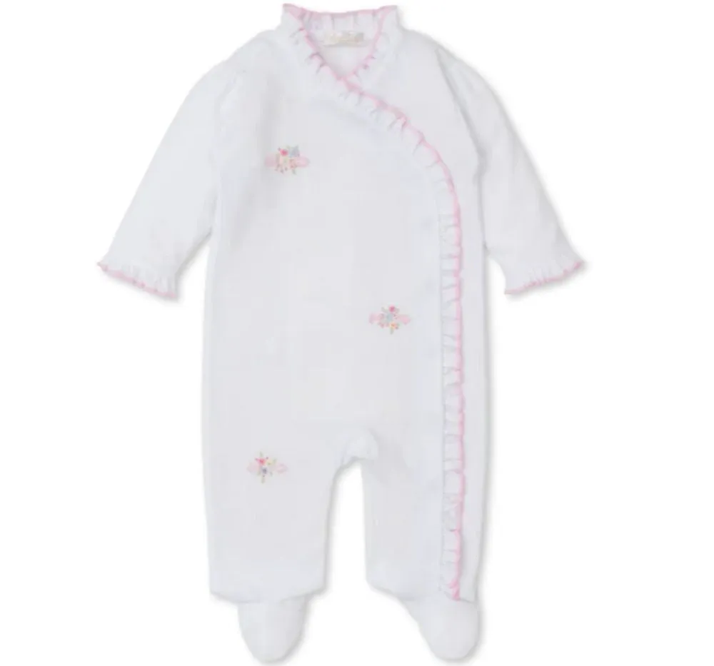Footie W/Hand Emb Blooming Sprays White/Pink