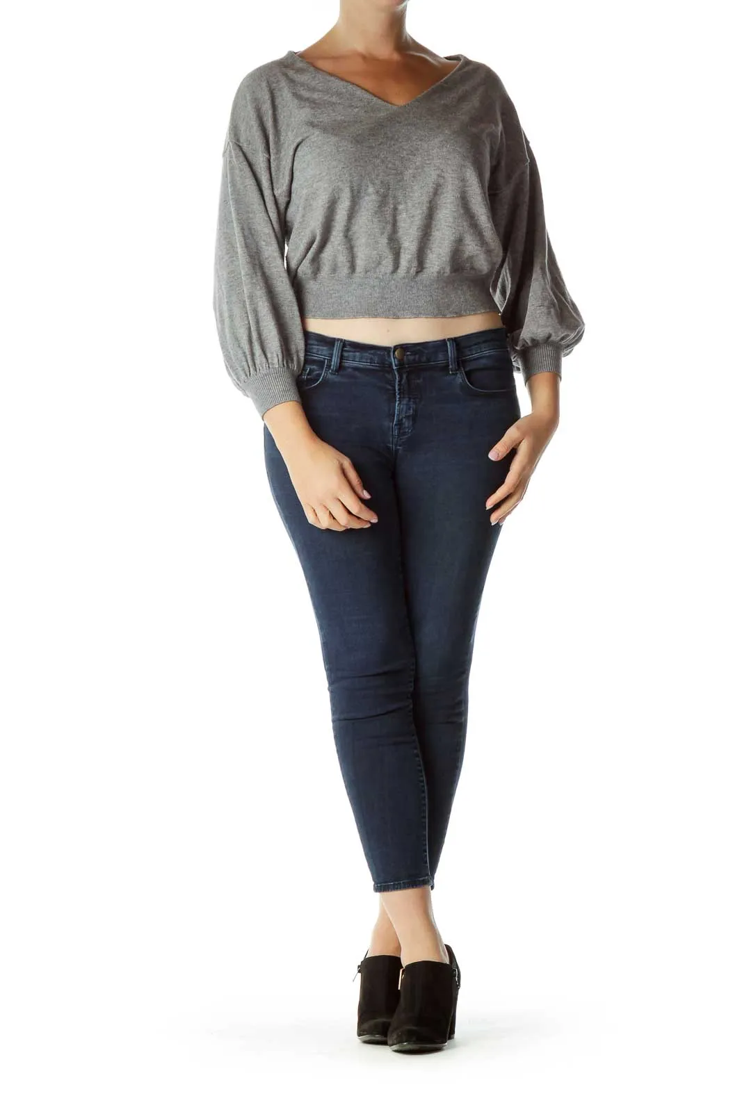 Gray Cropped V-neck Sweater