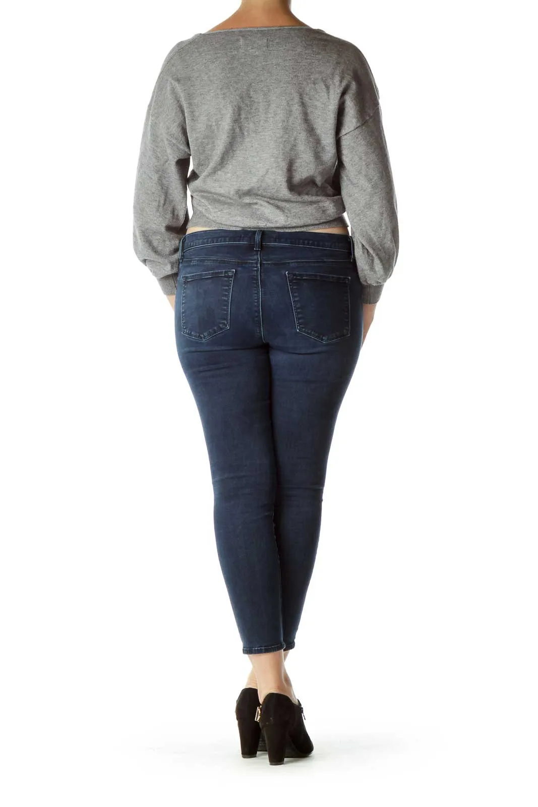 Gray Cropped V-neck Sweater