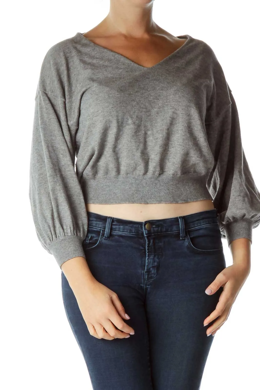 Gray Cropped V-neck Sweater