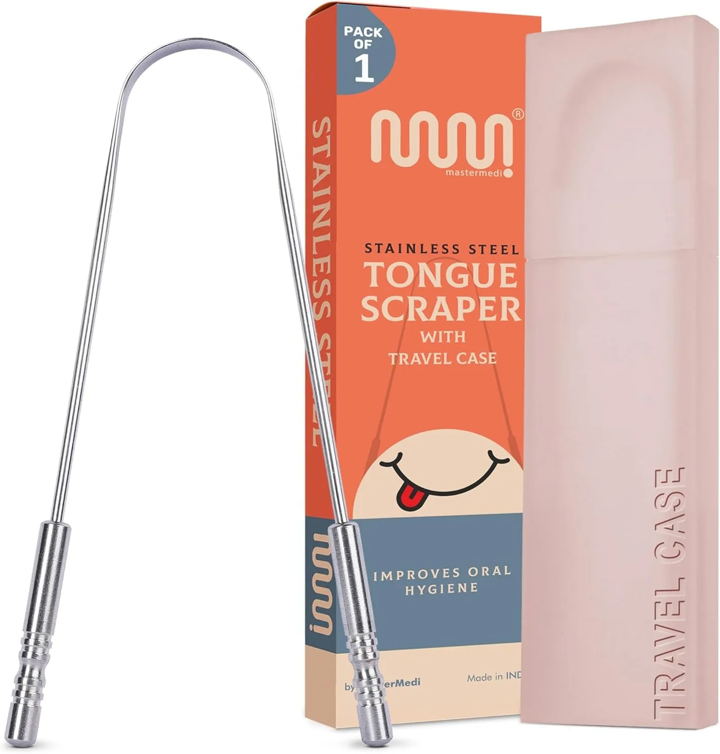 Mastermedi Tongue Scraper with Case Easy to Use Tongue Scraper for Adults, Tongue Cleaner for Oral Care & Hygiene (Single Pack (With Travel Case))