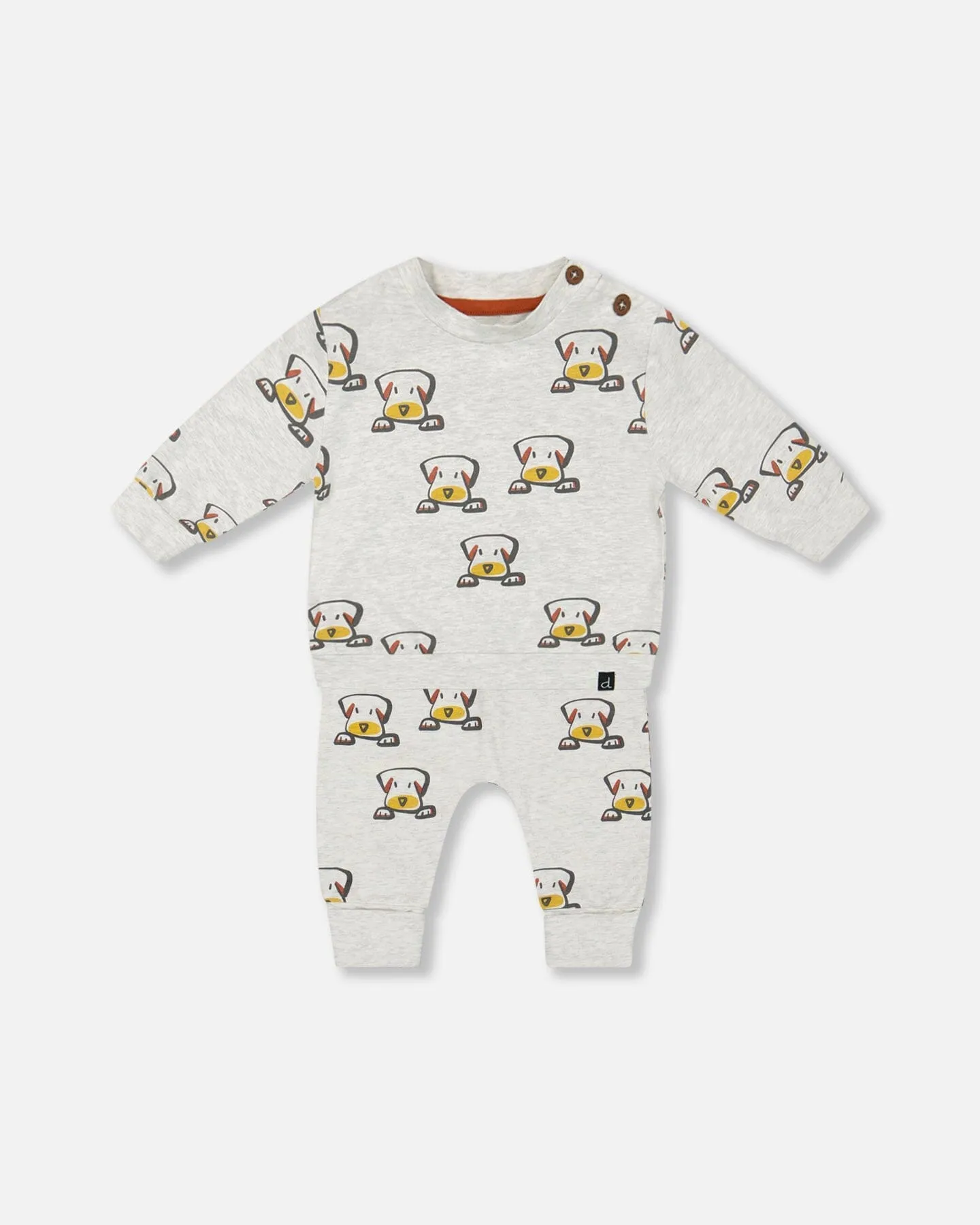 Organic Cotton Top And Evolutive Pant Set Heather Beige With Printed Dog