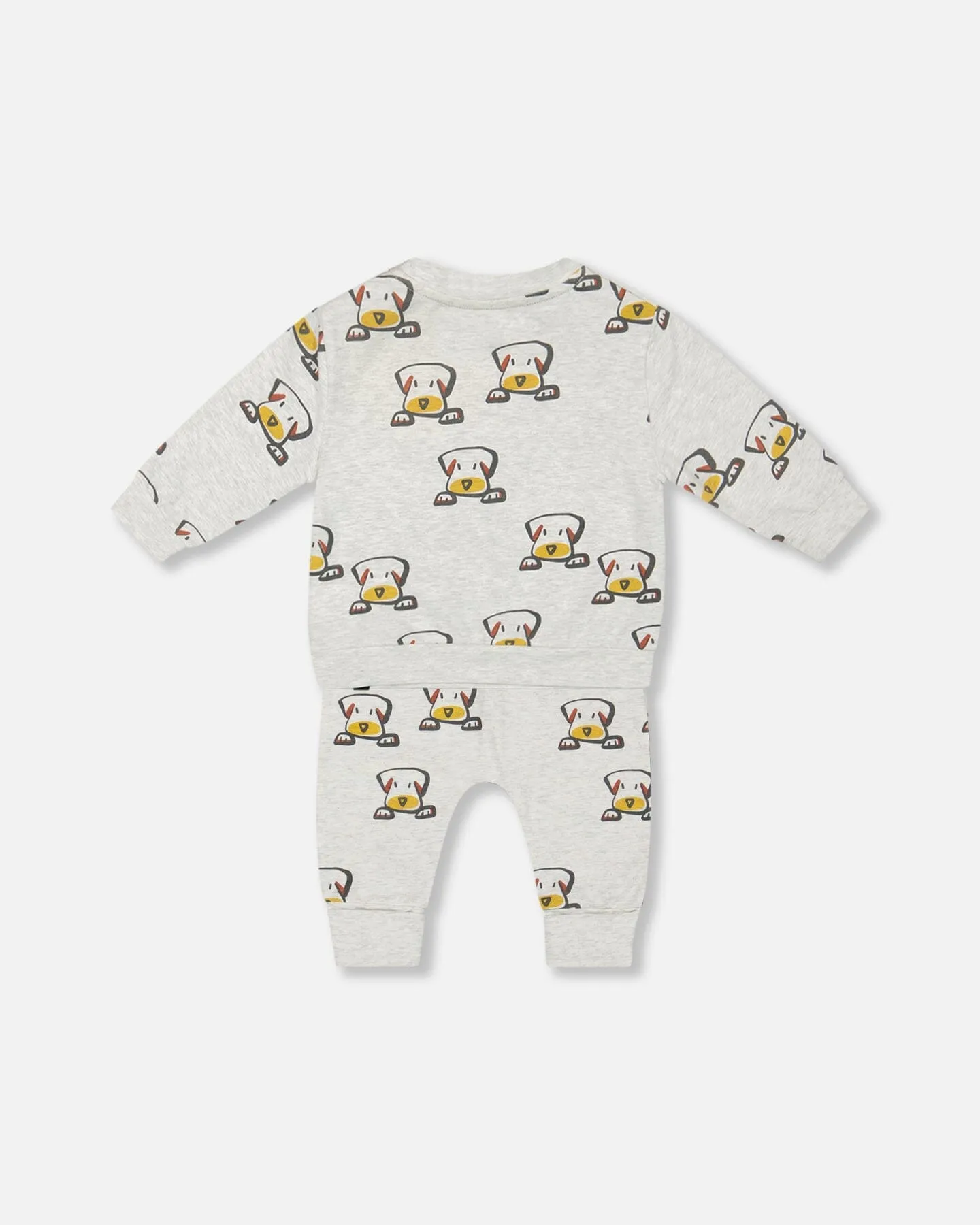 Organic Cotton Top And Evolutive Pant Set Heather Beige With Printed Dog