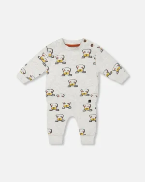 Organic Cotton Top And Evolutive Pant Set Heather Beige With Printed Dog