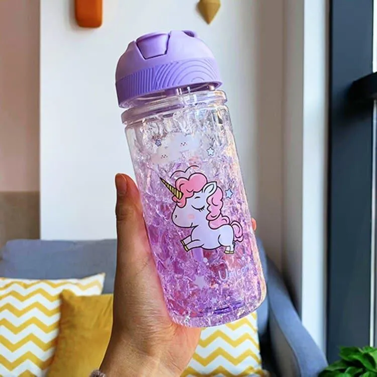 Portable Double Straw Water Bottle with Unicorn Print