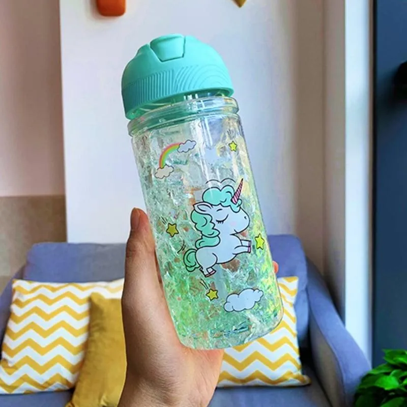 Portable Double Straw Water Bottle with Unicorn Print
