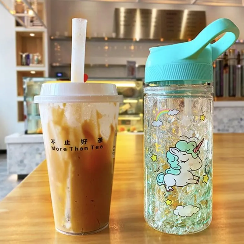 Portable Double Straw Water Bottle with Unicorn Print