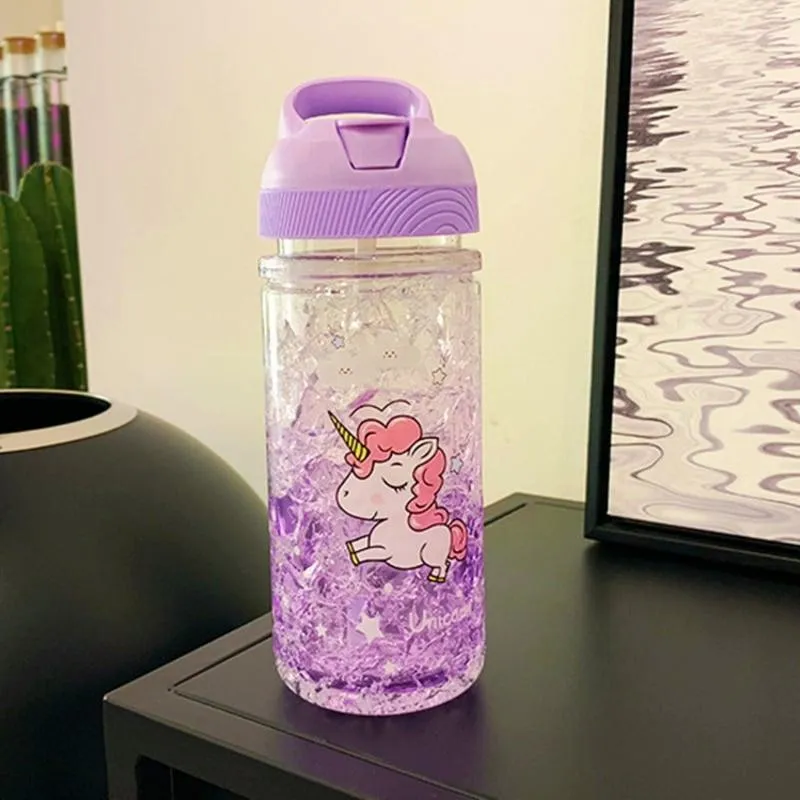 Portable Double Straw Water Bottle with Unicorn Print