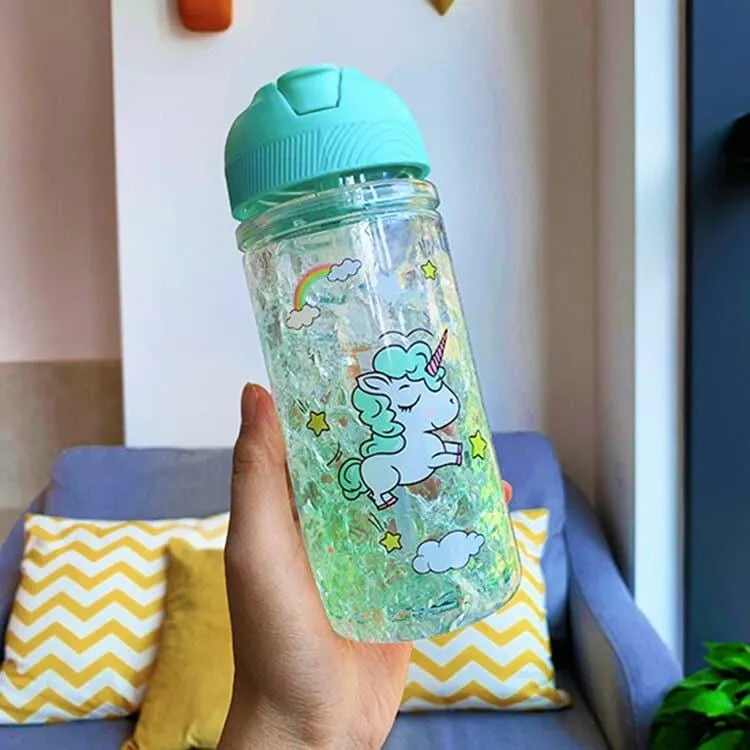 Portable Double Straw Water Bottle with Unicorn Print