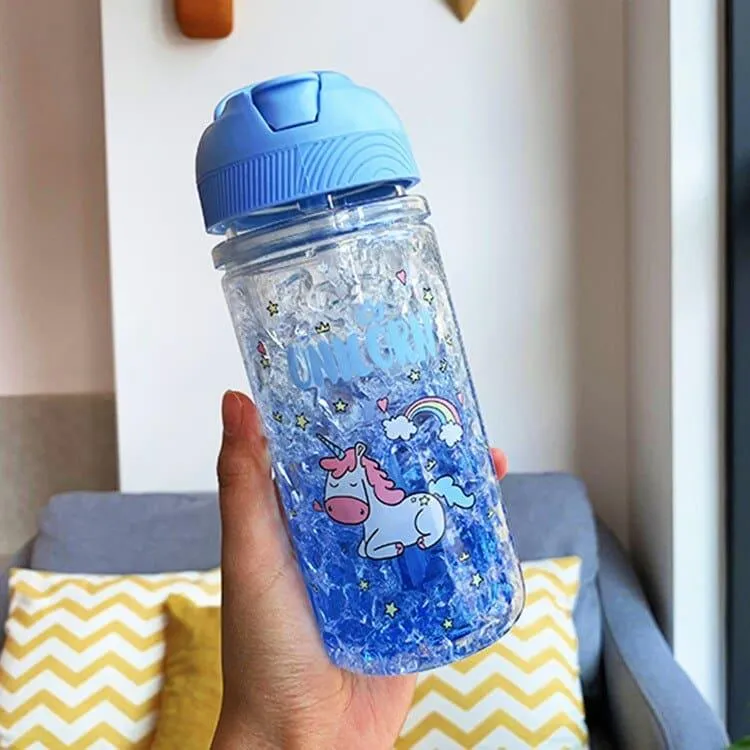 Portable Double Straw Water Bottle with Unicorn Print