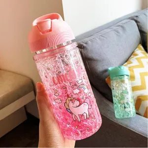 Portable Double Straw Water Bottle with Unicorn Print